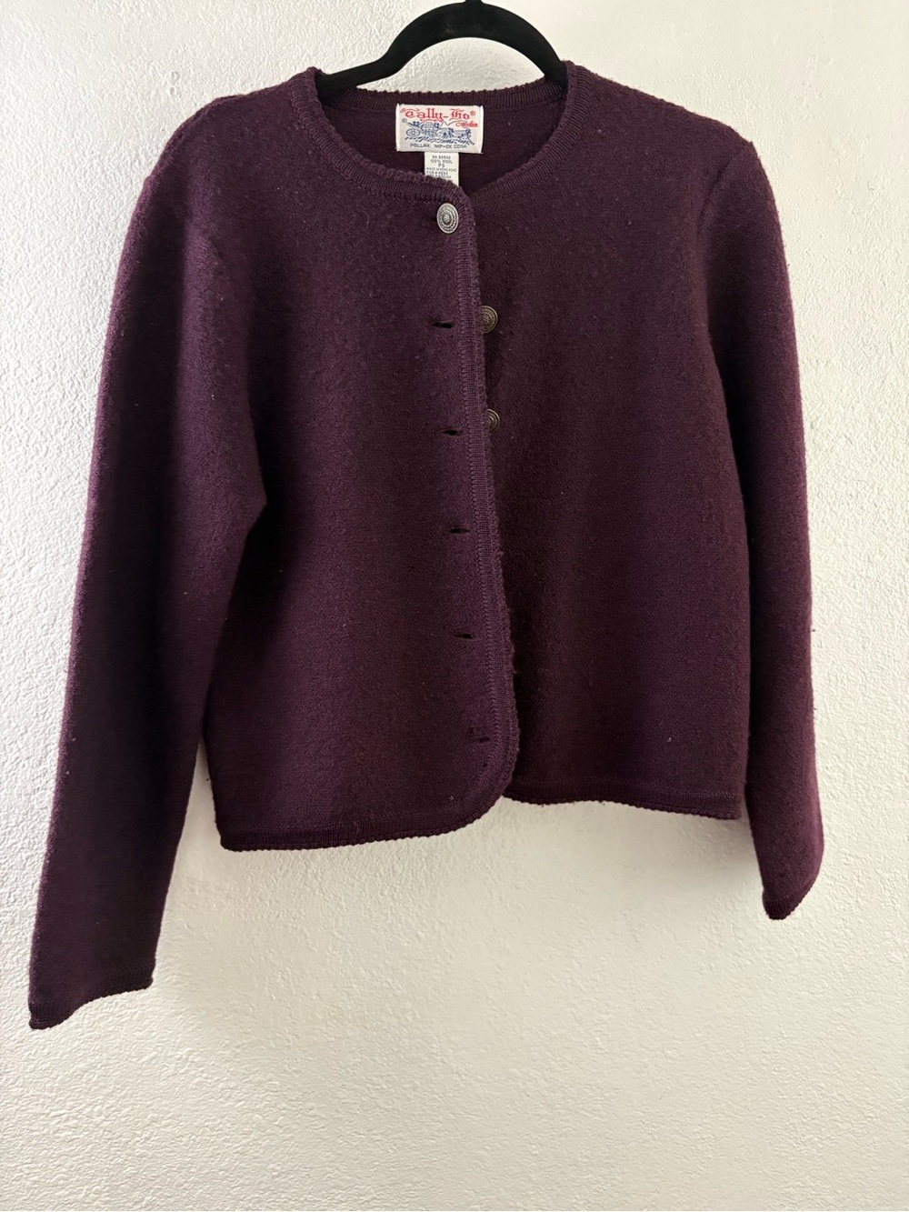 Tally Ho dark plum wool cardigan unique collarless distinct textured buttons SP